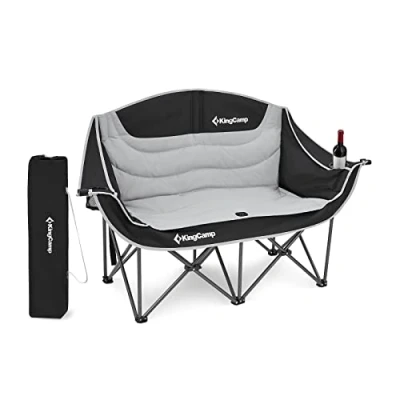 Afbeelding van KingCamp Dubbele campingstoel, opvouwbaar, comfortabel, gestoffeerd, 2 zits, met bekerhouder en armleuning, oversized inklapbare tuinstoel voor camping, picknick, vissen, zwart/grijs