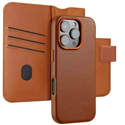 Afbeelding van Apple iPhone 16 Pro MagSafe Hoesje Echt leder Accezz 2 in 1 Case/Bookcase Bruin Telefoonhoesje