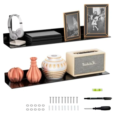 Afbeelding van Sezanrpt Set van 2 lange wandplanken, acryl, 76 cm, zwart, aan de muur bevestigde acryl badkameropbergplanken, display organizer, stuks (76 cm)