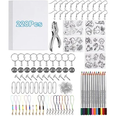 Afbeelding van Birshe Krimpfolieset, 228 delen, inclusief vellen krimpfolie, perforator, delige kleurpotloden en sleutelhangeraccessoires voor doe het zelvers, knutselen, badges, sieraden hangers