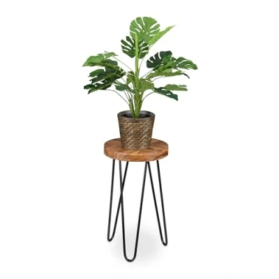 Afbeelding van Relaxdays plantenkruk, acaciahout rond, voor bloempotten, binnen, retro plantentafel, HxØ: 42 x 25 cm, bruin zwart