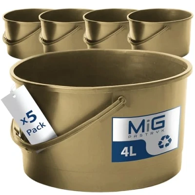 Afbeelding van MIG emmer 4 l goud, 5 x liter, stapelbare plastic emmer, veelzijdige bak voor huishouden en industrie, kleine geschikt hondenvoer, duurzame kunststof