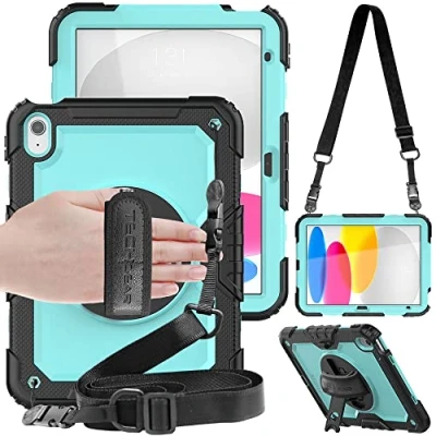 Afbeelding van TECHGEAR UTILITY Case past op Apple iPad 10 2022 [10e generatie] 10,9 inch stoere robuuste HEAVY DUTY Armour schokbestendig hoesje 360 graden roterende standaard, hand en schouderbandhoes Aqua
