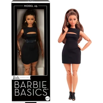 Afbeelding van Mattel Barbie Basics Model 05, verzamelpop met bruin haar, zwarte minijurk en hoge hakken, outfit universele pasvorm, mollig beweegbaar, verwisselbaar poppenhoofd, JBH73