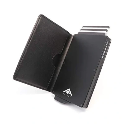 Afbeelding van STEALTH Wallet Slanke Lichtgewicht Minimalistische Kaarthouder Portemonnee Compacte RFID/NFC Blokkerende Pop up Portemonnees Kaarthouders met Geschenkdoos (Zwart Aluminium Zwart Leer)