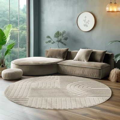 Afbeelding van Hoogpolig vloerkleed voor de woonkamer, keukentapijt, slaapkamer tapijt Scandinavisch en boho met 3D ontwerp, kleur: Zilver, maat: 80 cm Ronde