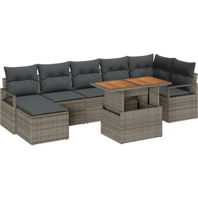 Afbeelding van vidaXL 8 delige tuinset met kussens Grijs Poly Rattan Acacia
