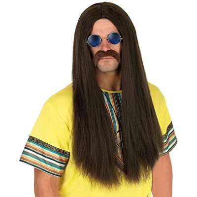 Afbeelding van Fun Shack Long Brown Wig Men, 60s Hippy Pruiken voor mannen, hippie pruiken, heren lange pruik, herenpruiken lang haar