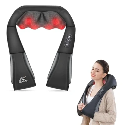 Afbeelding van Snailax shiatsu nekmassageapparaat met hitte, 4D rotatie nek en schoudermassageapparaat warmte, cadeaus voor mama, papa, verwarmingskussen rug