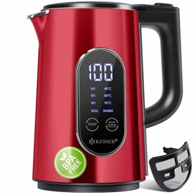 Afbeelding van KESSER® Waterkoker van roestvrij staal, 1,7 liter, led display, 4 modi, temperatuurinstelling 40 C tot 100 C, warm houden 30 minuten, 2200 W, BPA vrij, kalkfilter en Easy Open deksel, bordeaux