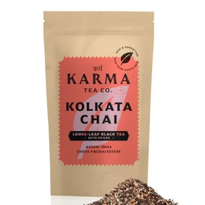 Afbeelding van KARMA TEA CO. Kolkata Chai, Losse Blad Zwarte Thee Blend met kaneel, Kardemom, Steranijs, Kruidnagel &amp; Peper, 80g Authentieke Masala Chai uit India Krachtig en pittig