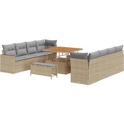 Afbeelding van vidaXL 11 Delige Tuin Sofa Set met Kussens Beige Poly Rieten Acacia, 3 Eetset Acacia