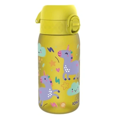 Afbeelding van ION8 Kinder Waterfles, 350 ml/12 oz, Lekvrij, Makkelijk te Openen, Veilige Vergrendeling, Vaatwasmachinebestendig, BPA Vrij, Draaghandvat, Schoon Maken, Geurvrij, Geel Eenhoorns