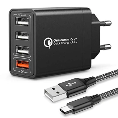 Afbeelding van JOOMFEEN Quick Charge 3.0 USB oplader met type C oplaadkabel, 30 W/6 A oplaadadapter 4 poorten, snellader, voeding, meervoudige laadstekker voor Samsung Galaxy S20/S10/S9/S8/Note, Huawei,