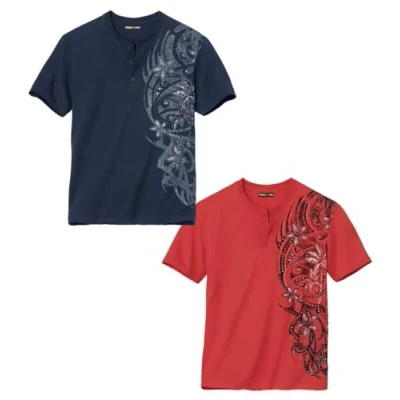 Afbeelding van ATLAS FOR MEN Set van 2 T shirts voor heren, korte mouwen, Tunesische kraag, verkrijgbaar in grote maten M tot 5XL, marineblauw, rood, XL
