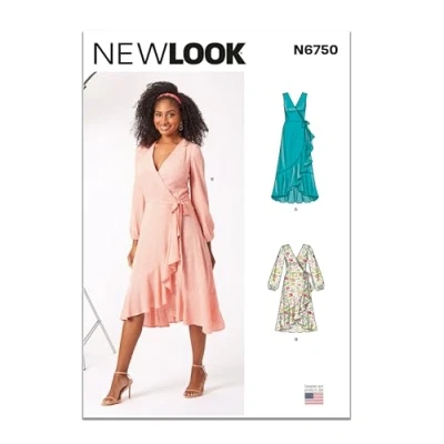 Afbeelding van NEW LOOK UN6750A Misses&#039; wikkeljurk met lengte en mouwen variaties A (10 12 14 16 18 20 22)