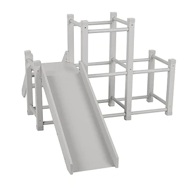 Afbeelding van KiddyMoon Klimrek voor binnen, houten speelplaats met glijbaan, klimdriehoek kinderen, klimtoren klimber, kinderkamer, Montessori, anti slip pads, stabiele constructie, grijs