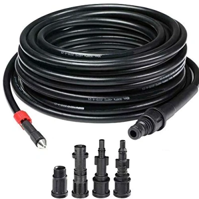 Afbeelding van BAKAJI Buisreinigingssonde, buisreiniger, hogedrukreiniger, 15 meter, knikbeschermingssysteem, binnenaansluiting van koper, PVC coating, weerstand max. 160 bar met 4 adapters