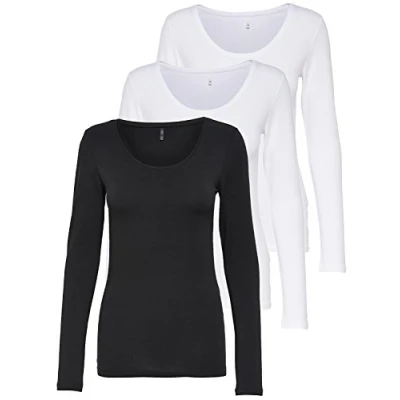 Afbeelding van ONLY 3 Pack dames shirt met lange mouwen zwart en wit basic longsleeve zomer van 95% katoen XS S M L XL 15209156, Kleur Mix 2,