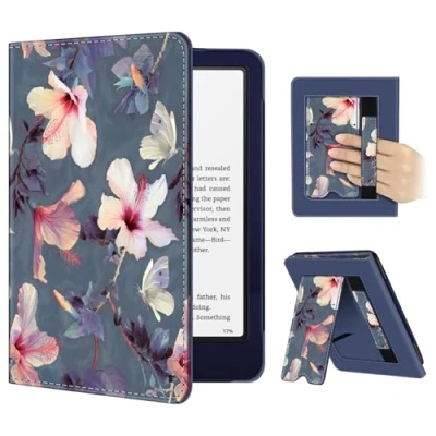 Afbeelding van Fintie Beschermhoes compatibel met 7 inch Kindle Paperwhite 2024 (12e generatie) en Colorsoft Signature Edition (1e generatie), polsband, automatische slaap/wake, bloem hibiscus