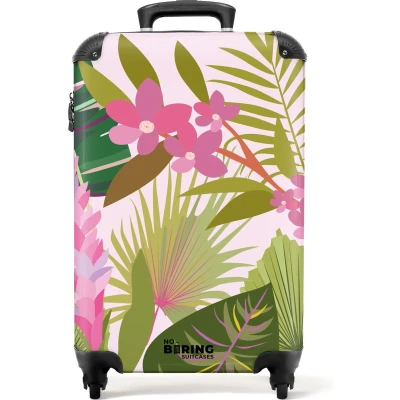 Afbeelding van NoBoringSuitcases.com® Handbagage koffer lichtgewicht Reiskoffer trolley Roze met kleurrijke bladeren Rolkoffer wieltjes Past binnen 55x40x20 en 55x35x25