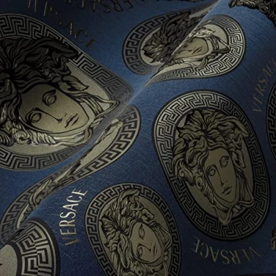 Afbeelding van &quot;MEDUSA HOOFD&quot; SATIJN GLANZEND BEHANG Design blauw parelbeige zwart A.S. Création Versace 5