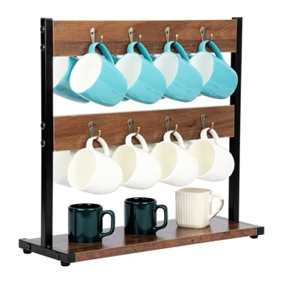 Afbeelding van BELLE VOUS Wooden Vintage Mug Holder with 16 Hooks Brown