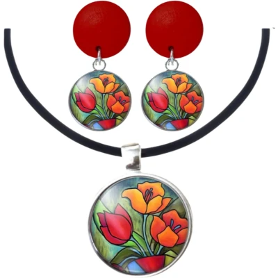Afbeelding van Set Tulp clip oorbellen hout en ketting Charme Bijoux