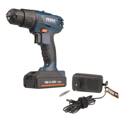 Afbeelding van FERM CDM1134 Accuschroefboormachine 16V 1.5Ah Li Ion 23Nm koppel 17 Slipkoppelingen Snelspankop 10mm LED werklamp 2 Snelheden Variabele snelheidsregeling Soft grip Opbergkoffer Inclusief Snellader Schroefbit