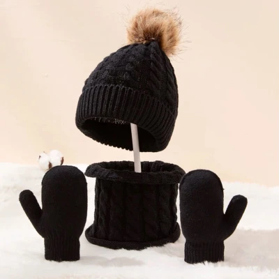 Afbeelding van Woolhand® Muts &amp; Sjaal Handschoenen Set 1 tot 6 jaar Beanie Jongens En Meisjes Voor Kinderen Winter Zwart