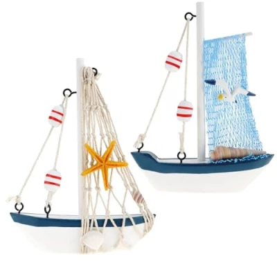 Afbeelding van COM FOUR® Maritiem decoratief schip van hout vissersboot met visnet en schelpen houten ter decoratie nautische decoratieve zeilboot (02 stuks 13cm)