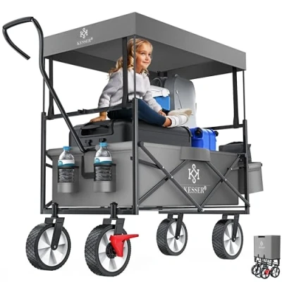 Afbeelding van KESSER® Bolderkar opvouwbaar Bolderwagen tot 100 kg draagvermogen Transportkar met massieve banden en Voorwielrem Strandkar 2 gaas zakken, Beschermhoes buitentas, Grijs