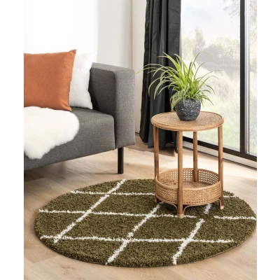 Afbeelding van Rond Hoogpolig Vloerkleed Ruiten Habitat Olijfgroen/wit 120 Cm