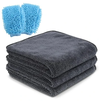 Afbeelding van Autoverzorgingsset 3 stuks microvezeldoeken (30 x 30 cm) en 2 washandjes auto droogdoek washandje autowasset geschikt voor het reinigen van de