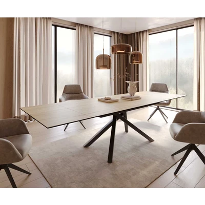 Afbeelding van DELIFE Eetkamertafel Edge 200 300x100 keramiek Laminam® Sabbia eiken kleur kruisframe rechthoek zwart uitschuifbaar