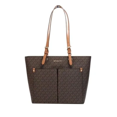 Afbeelding van Michael Kors Jet Set Medium Brown Signature PVC Double Pocket Tote Bag Purse