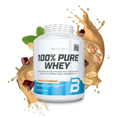 Afbeelding van BioTechUSA 100% Pure Whey Eiwitpoeder met BCAA en Glutamine Glutenvrij, Palmolievrij 21g Eiwit per portie, 2.27 kg, Chocolade Pindakaas