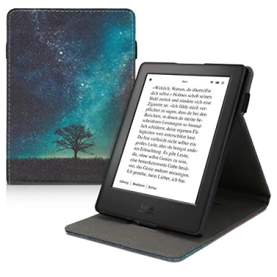 Afbeelding van kwmobile case compatibel met Kobo Aura H2O Edition 2 hoes E reader cover van kunstleer In blauw/grijs/zwart Sterrenstelsel en Boom