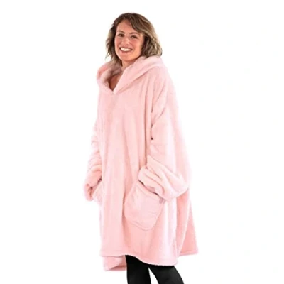 Afbeelding van Snug Rug fleece deken plaid Premium Oversized Hoodie Blanket met mouwen en Capuchon Heren Dames Unisex Sherpa Extra Soft Roze