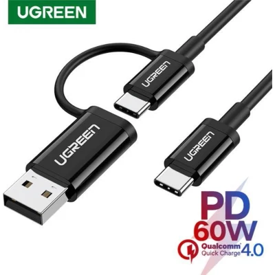 Afbeelding van 2 in 1 USB C kabel met + USB3.0 connector. Lengte:1meter