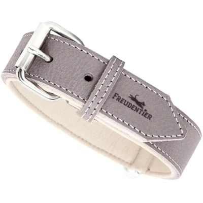 Afbeelding van FREUDENTIER® Hondenhalsband van leer, Made in Nederland, gevoerd en super comfortabel, hoogwaardige brede leren halsband volnerfleer, model &quot;Amstelpark&quot; (47 57 cm halsomtrek, grijsbruin)