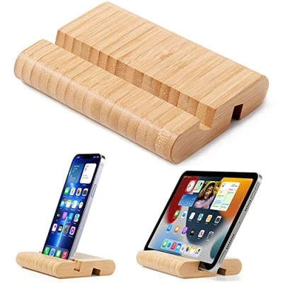 Afbeelding van FadyDail Bamboe tablet standaard, houten mobiele telefoonstandaard voor desktop, tablethouder bureau, telefoonhouder iPhone, iPad, tablets en alle telefoons (groot formaat)