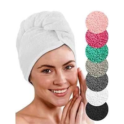 Afbeelding van LAYNENBURG Set van 2 premium haartulbanden met knoop gemaakt 100% katoen voor kort en lang haar Handdoek tulband is sneldrogend absorberend haarhanddoek inclusief 8 scrunchies (wit)