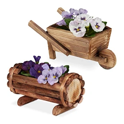 Afbeelding van Relaxdays plantenbak hout bloembak set van 2 bloempot kruiwagen tuindecoratie klein