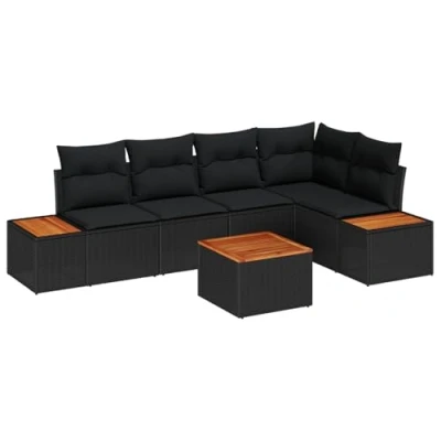 Afbeelding van vidaXL 6 delige tuinset met kussens in zwart poly rattan en acacia