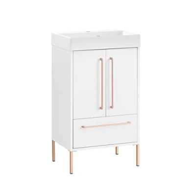 Afbeelding van Schildmeyer Wastafelonderkast Sari Breedte 50 cm, mineraalmarmeren wasbak, grepen &amp; poten koperkleur
