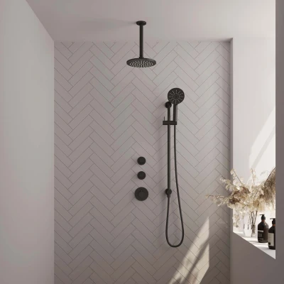 Afbeelding van BRAUER Black Carving thermostatische inbouw regendouche SET 23 met 20 cm douchekop en plafondarm 3 standen handdouche doucheslang