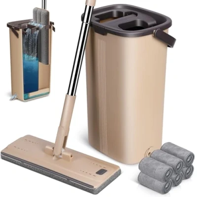 Afbeelding van MASTERTOP Mop met uitwringvak, platte microvezelmop vrije handen, 360 draaibaar, emmer, zelfreinigend, voor droge en vochtige vloeren + 6 sponzen