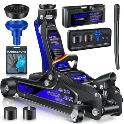 Afbeelding van MASKO® Krik hydraulische Garagekrik vlakke hefhoogte 2.5 Ton Autokrik met 2x rubber pads en Handschoenen rangeerkrik hydraulisch 360 rollen onder standaard, Blauw