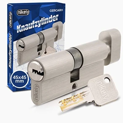 Afbeelding van GERCAR Pro knopcilinder 45/45 massieve slotcilinder met knop cilinderslot deurslot van messing mat vernikkeld incl. 5 sleutels omkeerbare sleutel lengte: 90 mm, A:45 B:45 1x